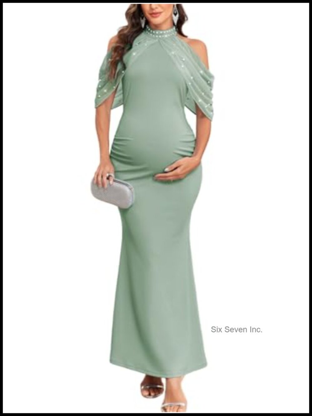 Maternity Mermaid Maxi Dress Ruched Cold Shoulder Halter Neck Formal Pregnancy